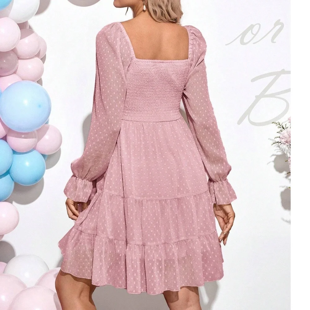Maternity Polka Dot Shirred Bust Long Sleeve Ruffle Mini Dress